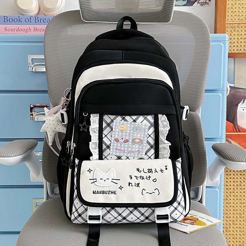 Schoolbag Japanese School Bag Female Cat Letter Plaid Large Capacity Backpack Sweet Versatile Junior High School Girls Light Backpack