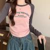 American letter print long-sleeved T-shirt with contrasting color raglan sleeves, pure cotton drawstring waist and age-reducing top for autumn