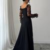 Dames Elegante Vierkante Hals Pofmouwen Mesh Inzet Jacquard Maxi Jurk 3D Slankmakend A-lijn Swing Lange Jurk
