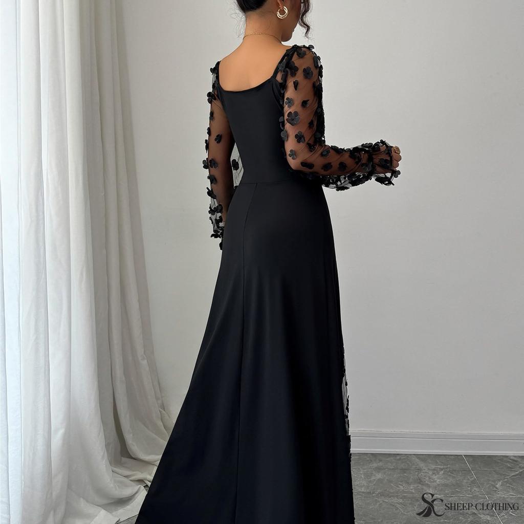 Dames Elegante Vierkante Hals Pofmouwen Mesh Inzet Jacquard Maxi Jurk 3D Slankmakend A-lijn Swing Lange Jurk