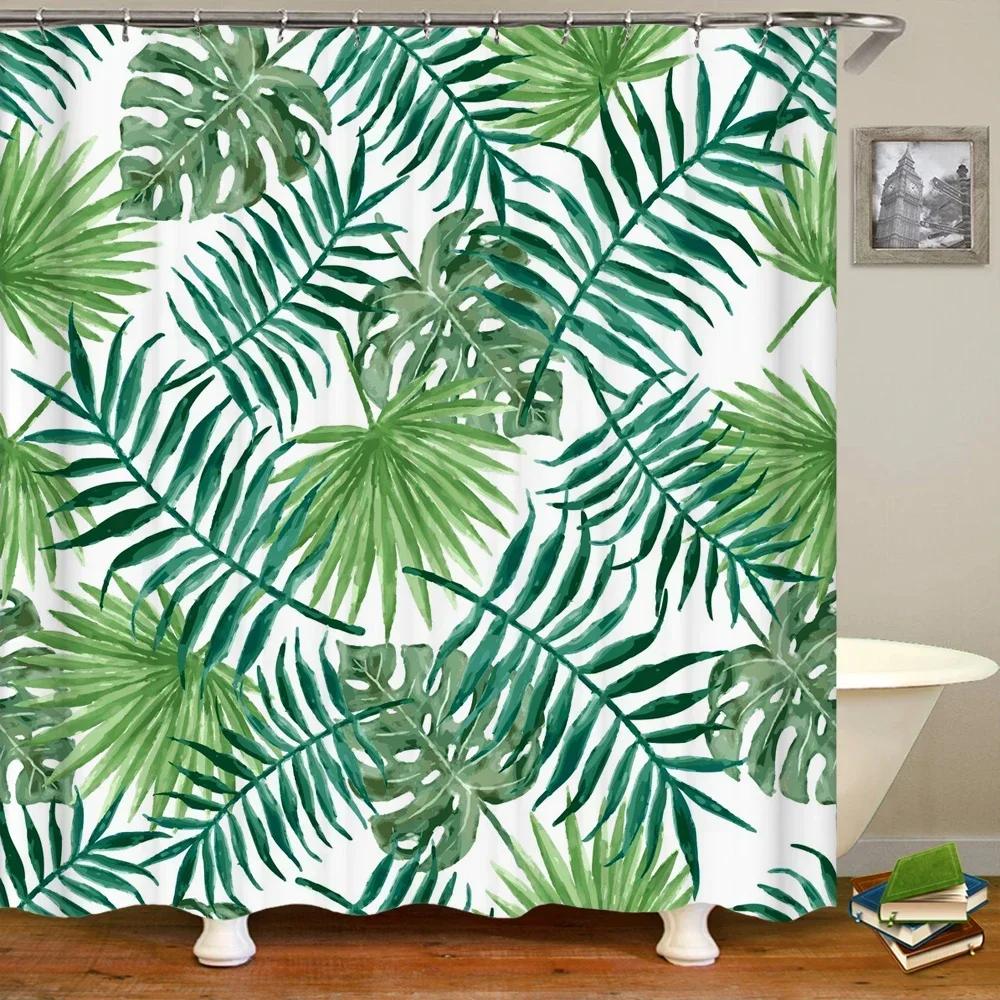 

3D Printed Green Tropical Plants Shower Curtains Bathroom Waterproof Polyester Leaves Bath Curtain Shower Curtain Bath Screen W60H190(CM)-1 Pcs