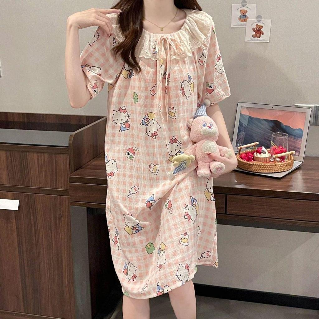Cloud Cotton Lace Nightgown for Women, Short-Sleeved with Padded Bust, Princess Style, Sweet Summer Home Wear, Round Neck