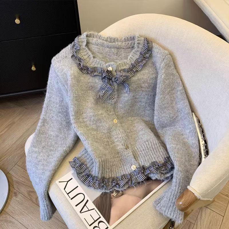 

Korean Ruffle Plaid Bow Cardigan - Women s Chic Long Sleeve Knitted Top for Autumn/Winter M сірий колір