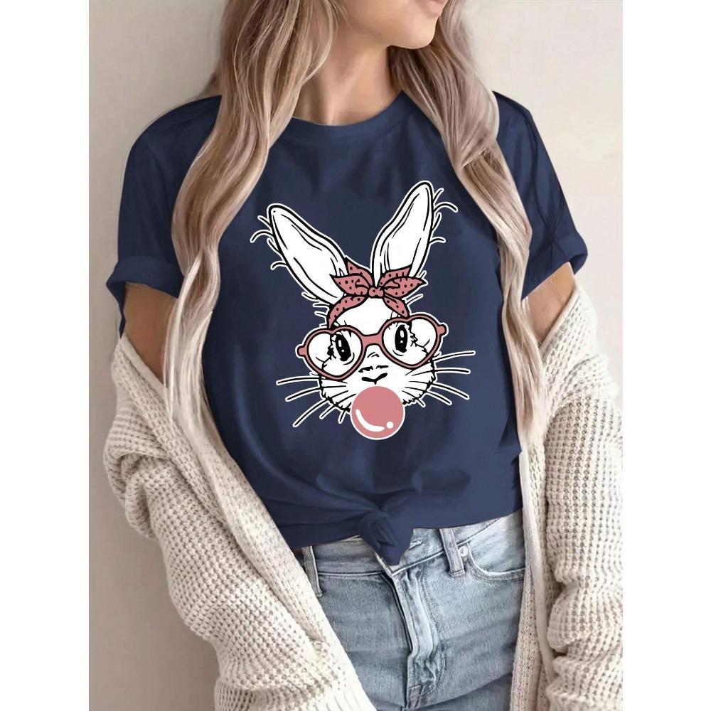 Fashion Pink Rabbit Bubble Blowing Women's T-shirt Casual Short Sleeve Street T-shirt Women's
