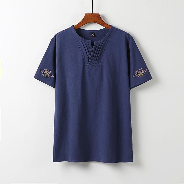 Summer thin linen short-sleeved T-shirt set men's Chinese cotton and linen half-sleeved top retro trend V-neck t-shirt