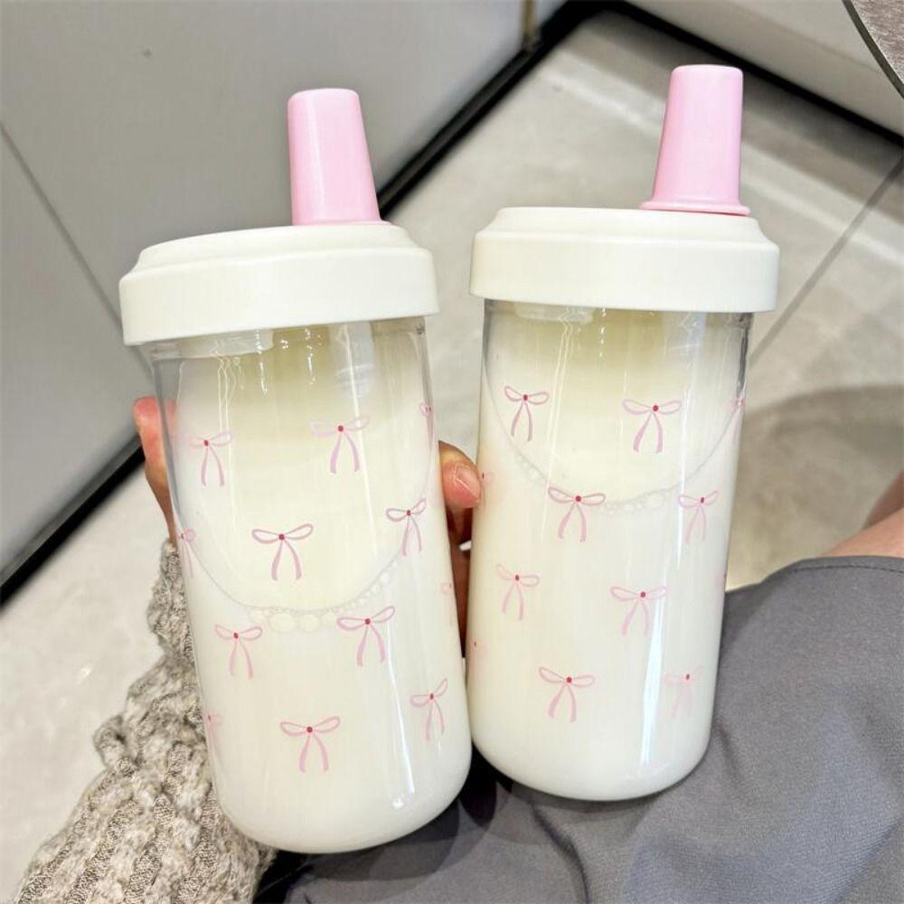 Gift Cute Design Pink Bow Straw Water Bottle Clear Portable Bubble Tea Cup Plastic 500ml Coffee Cup Outdoor Use