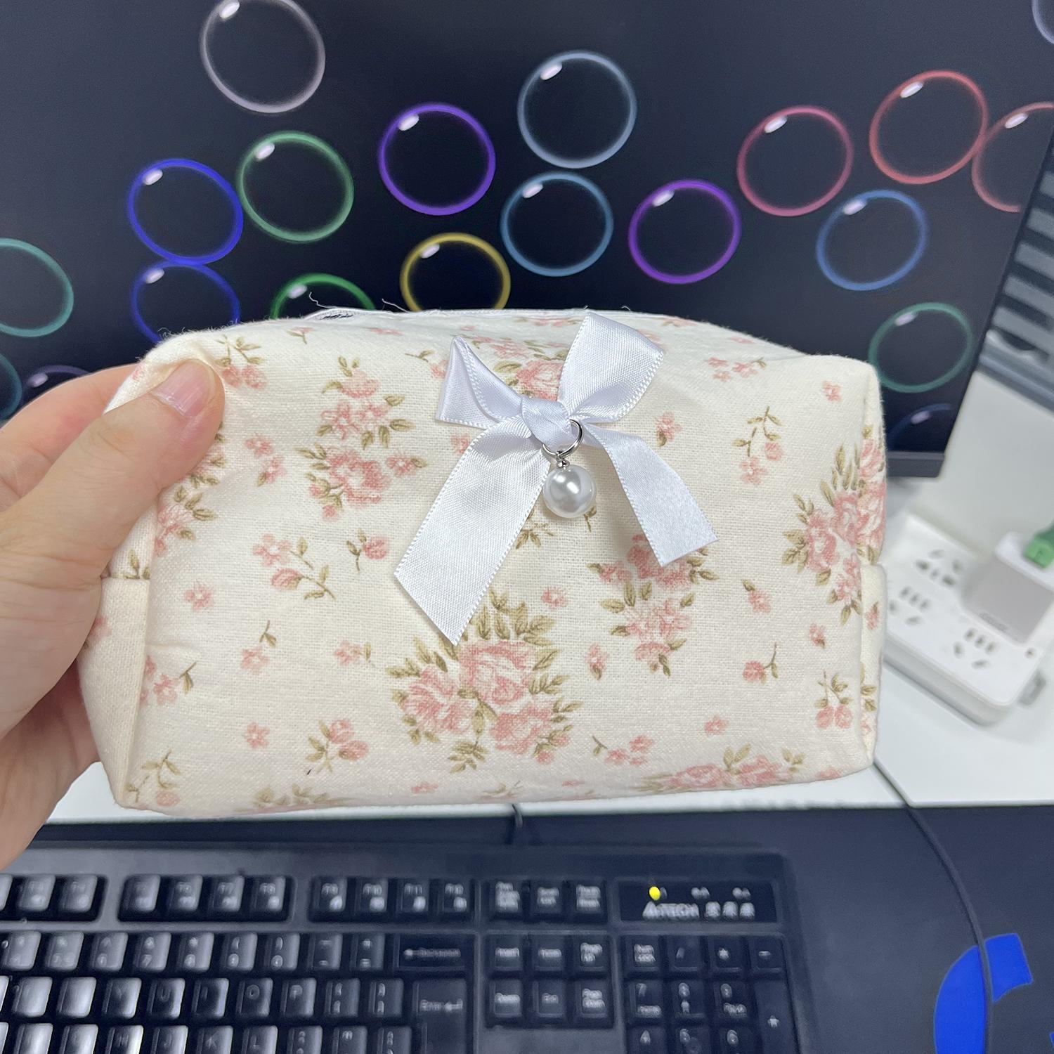 

Women Lace Bow Cosmetic Bag Large Capacity Makeup Organizer Travel Toiletry Bag Storage Bag Zipper Ruffles Pencil Case