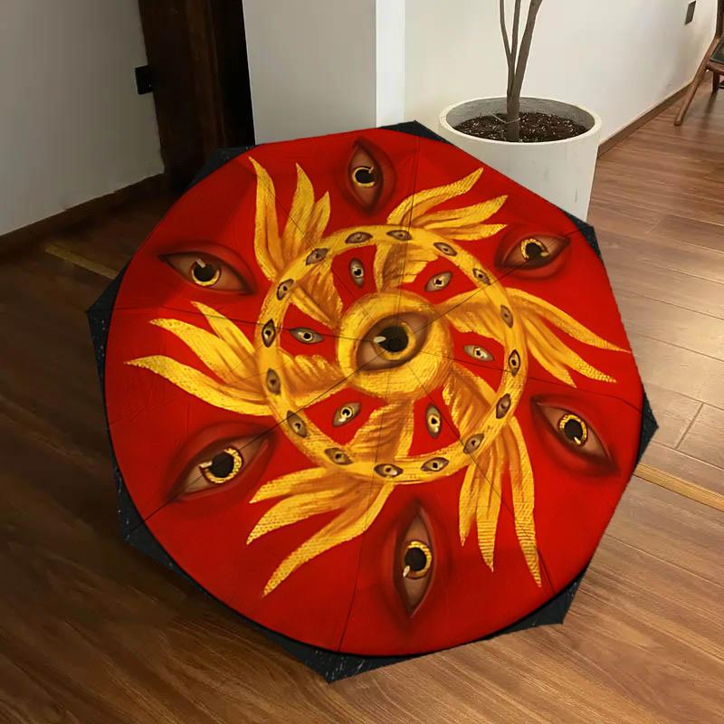 

Golden Eye Sun Mandala Art Print Umbrella Automatic Opening/Closing,Portable Tri Fold Design,8 Rib Iron Frame Outdoor Umbrella,Festival