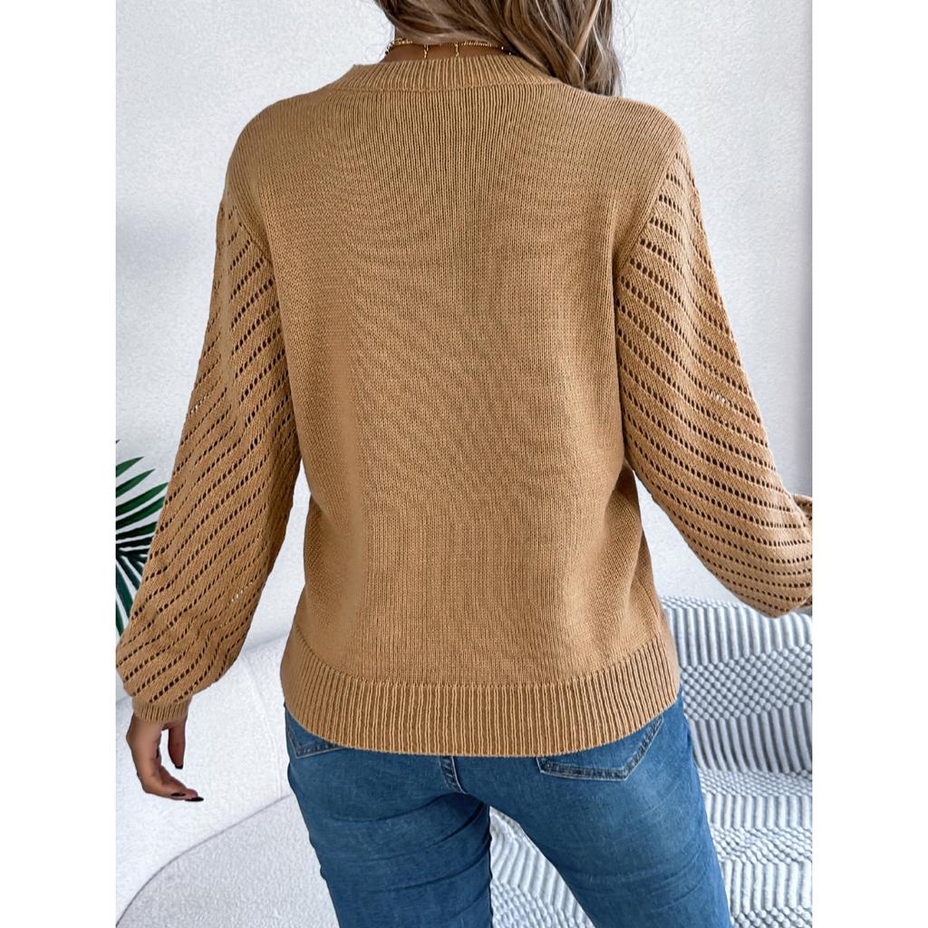 GMXIA Autumn and Winter Casual Solid Color Round-neck Hollowed-out Lantern Sleeve Pullover Sweater Women's Wear