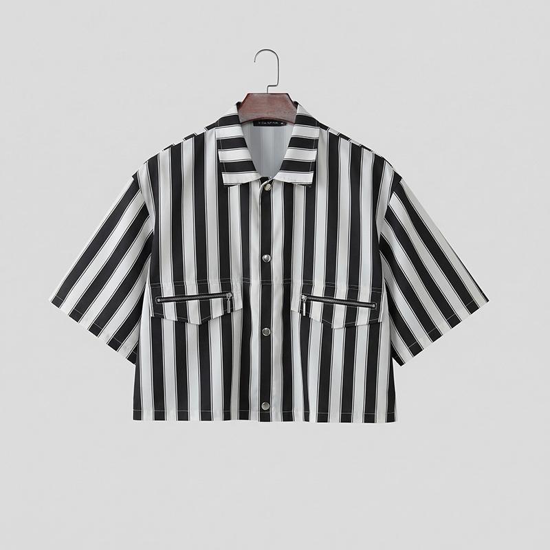 INCERUN S-5XL Men Lapel Neck Short Sleeve Striped Print Casual Oversized Cropped Tops Shirts