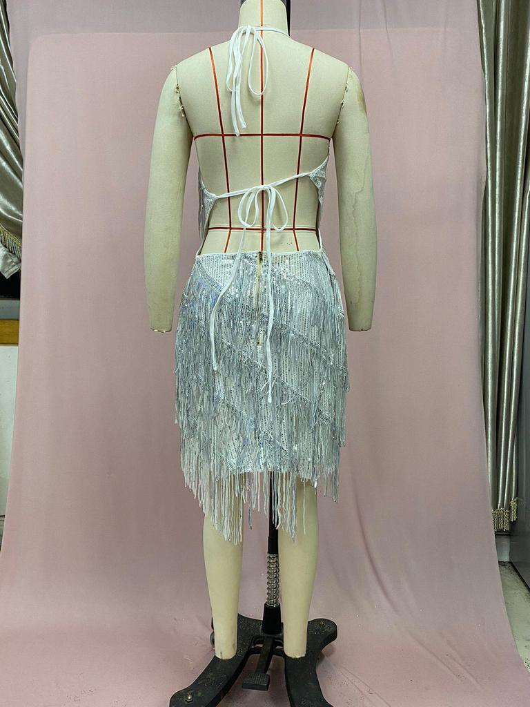 2025 Halter Tassel Backless Hip-Hugging A-Line High-Waisted Short Dress