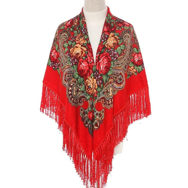 Women Russian Style Big Square Scarf Shawl Retro Fringed Cotton Print Scarves Hijab Wraps Ethnic Shawls Bandana