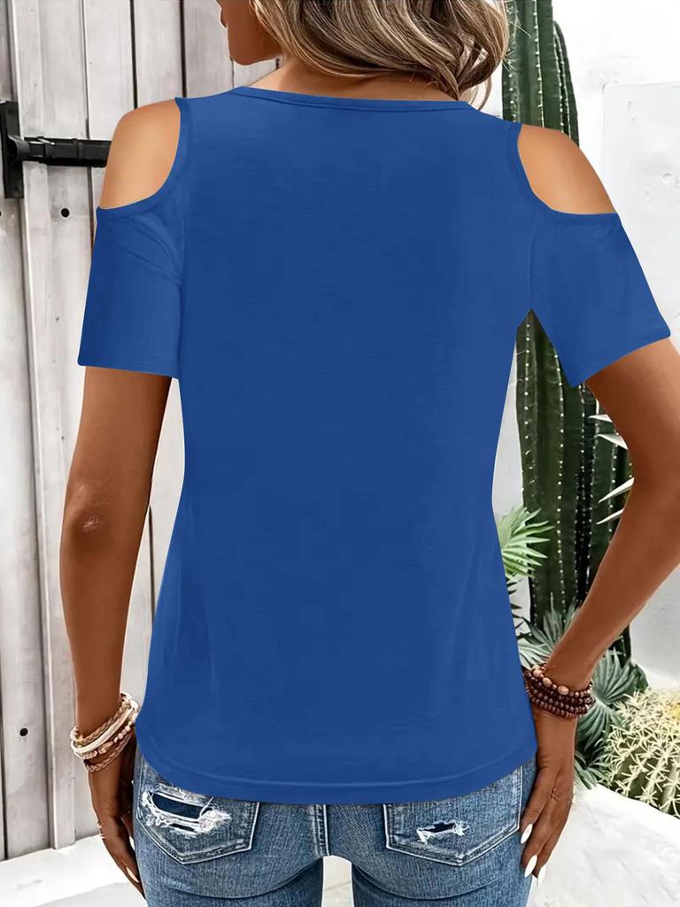 2025 Women's Solid Color Off-Shoulder Loose V-Neck Short Sleeve T-Shirt