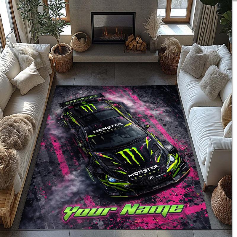 Tappeto Monster Energy Crystal Velvet, Tappetino Antiscivolo Personalizzato con Nome Testo per Arredamento Casa Regalo