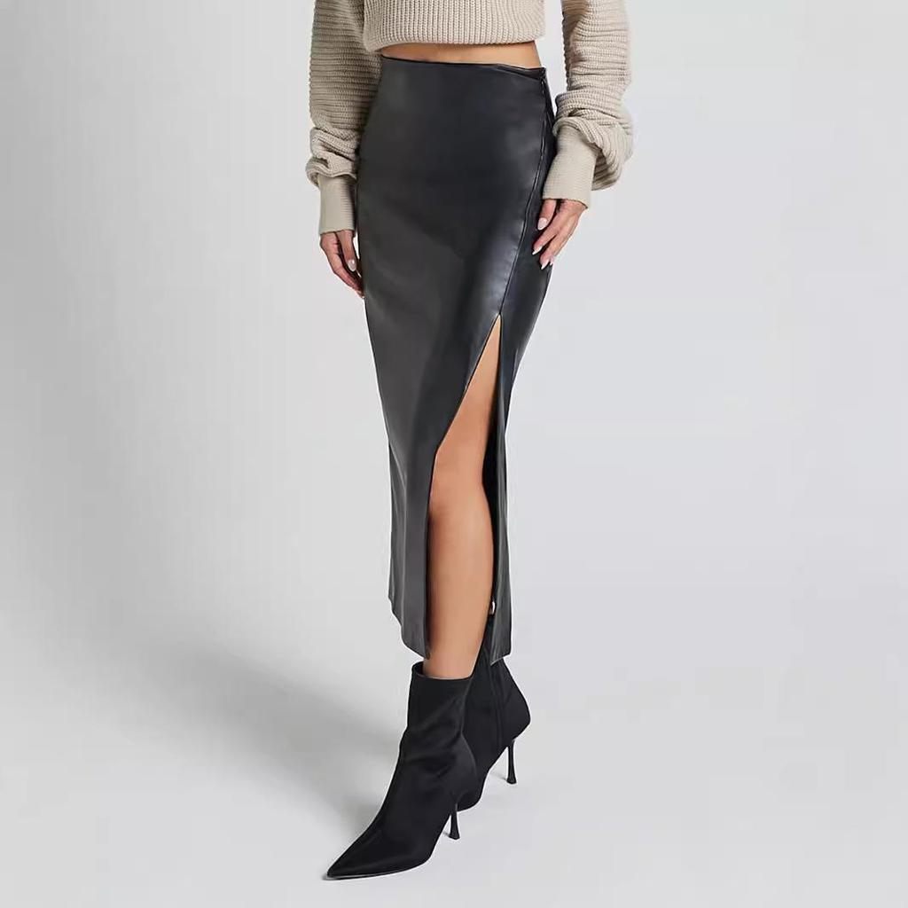 PU Kůže Sukně Midi se Zipem s Vysokým Pasem: Podzimní/Zimní Bodycon sukně s rozparkem pro ženy