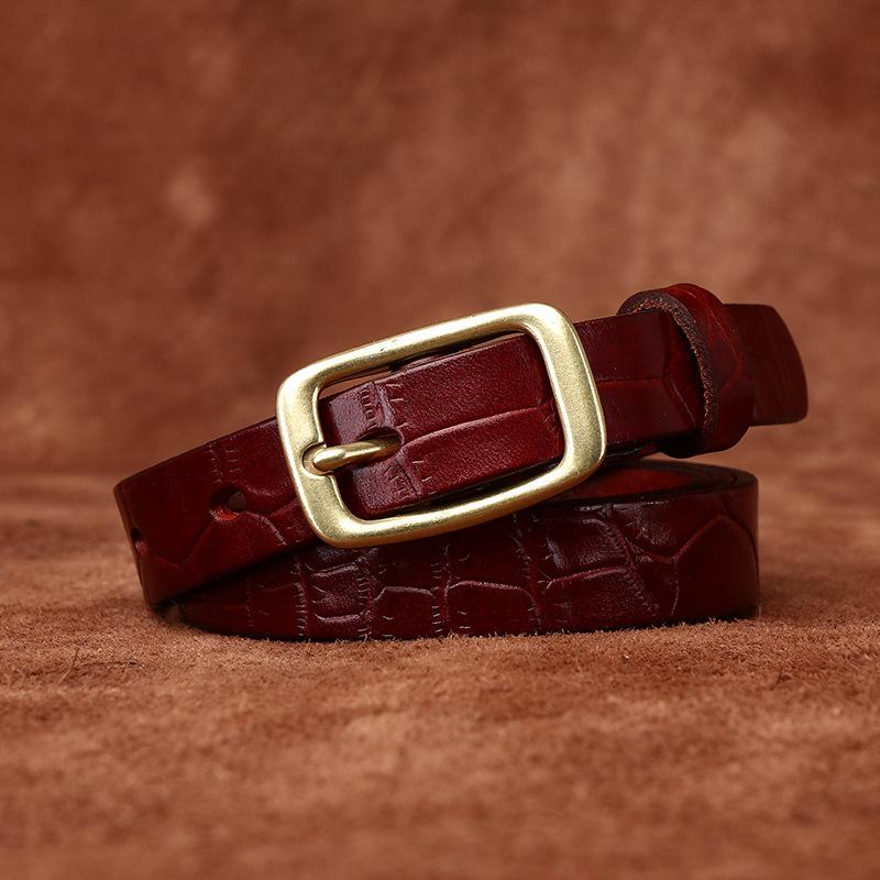 Fine Women's Belt Italian Retro Fashion All-Matching Decorative Genuine Cattlehide Leather Surface Pressure Crocodile Pattern Belt for Women