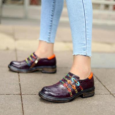 Retro Pumps Women Shoes Spring Genuine Leather Round Toe Zip National Style Print Sewing Leisure Ladies Shoes