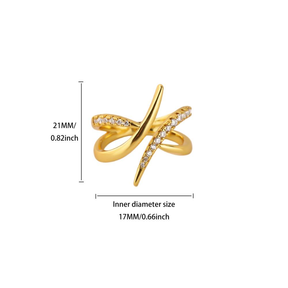 14K Gold Plated Criss Cross Open Ring for Women Geometric Line Zircon Adjustable Stackable Minimalist INS Style Jewelry Gift