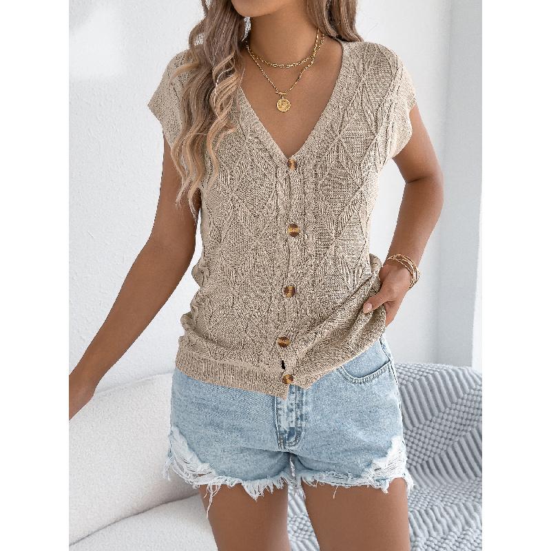 2026 New Casual Solid Color Button V-Neck Knit Sweater for Women S хаки