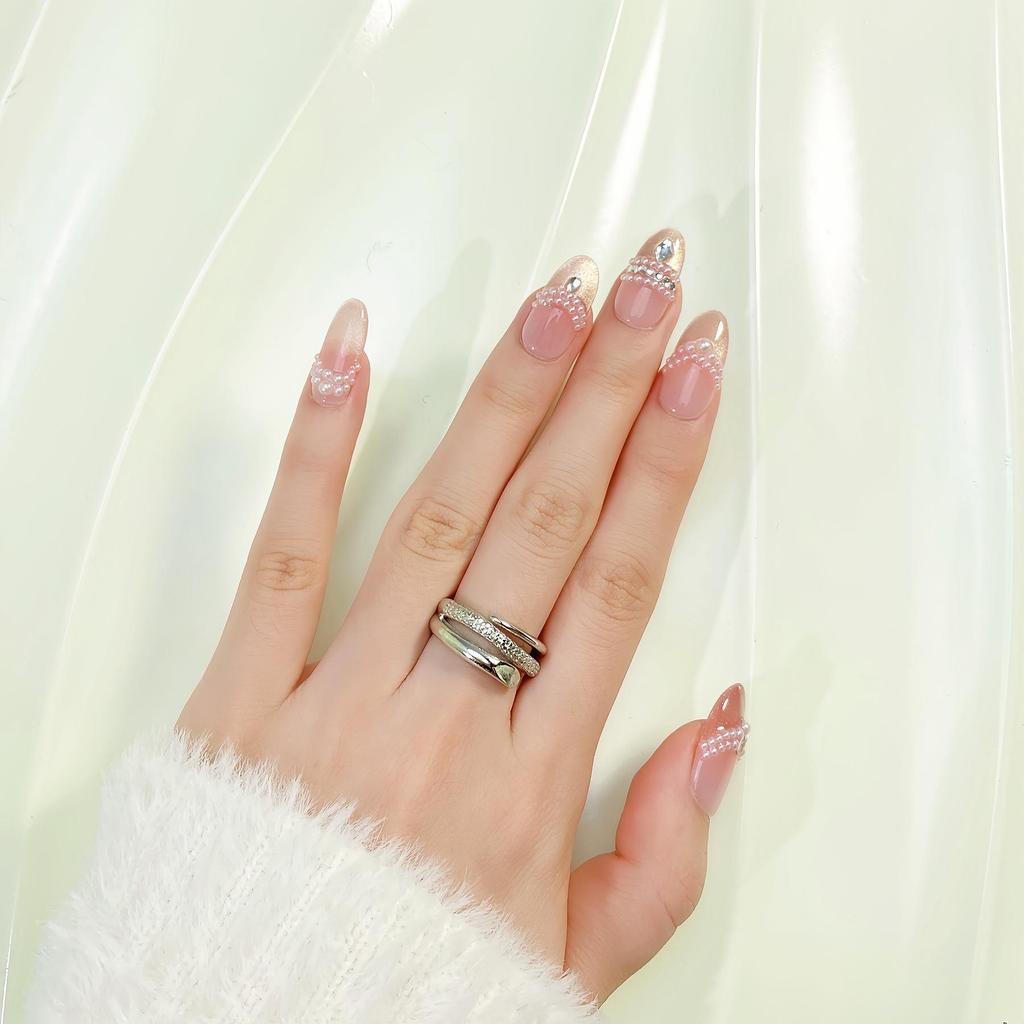 Elegant Pearl Nude Press-On Nails with Diamonds - Versatile Bridal and Influencer Style