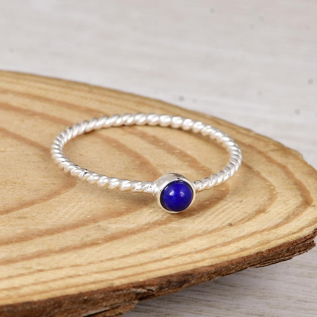 Natural Lapis Lazuli Ring, 925 Sterling Silver Ring, Minimalist Dainty Gemstone Ring Stackable Thin Twisted Band Handmade Jewelry Gift for Women