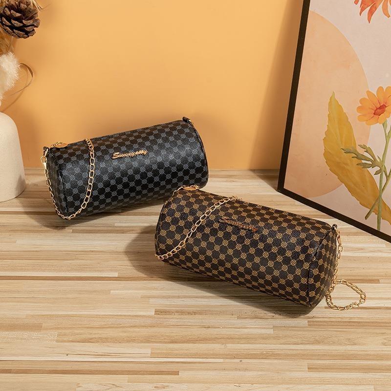 Summer new trend women's bags cylindrical messenger bags embroidered rhombus chain bags