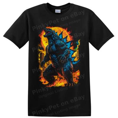 Godzilla Monster City Fire T Shirt W/ Blue Reptile Movie Art Graphic Tee Design