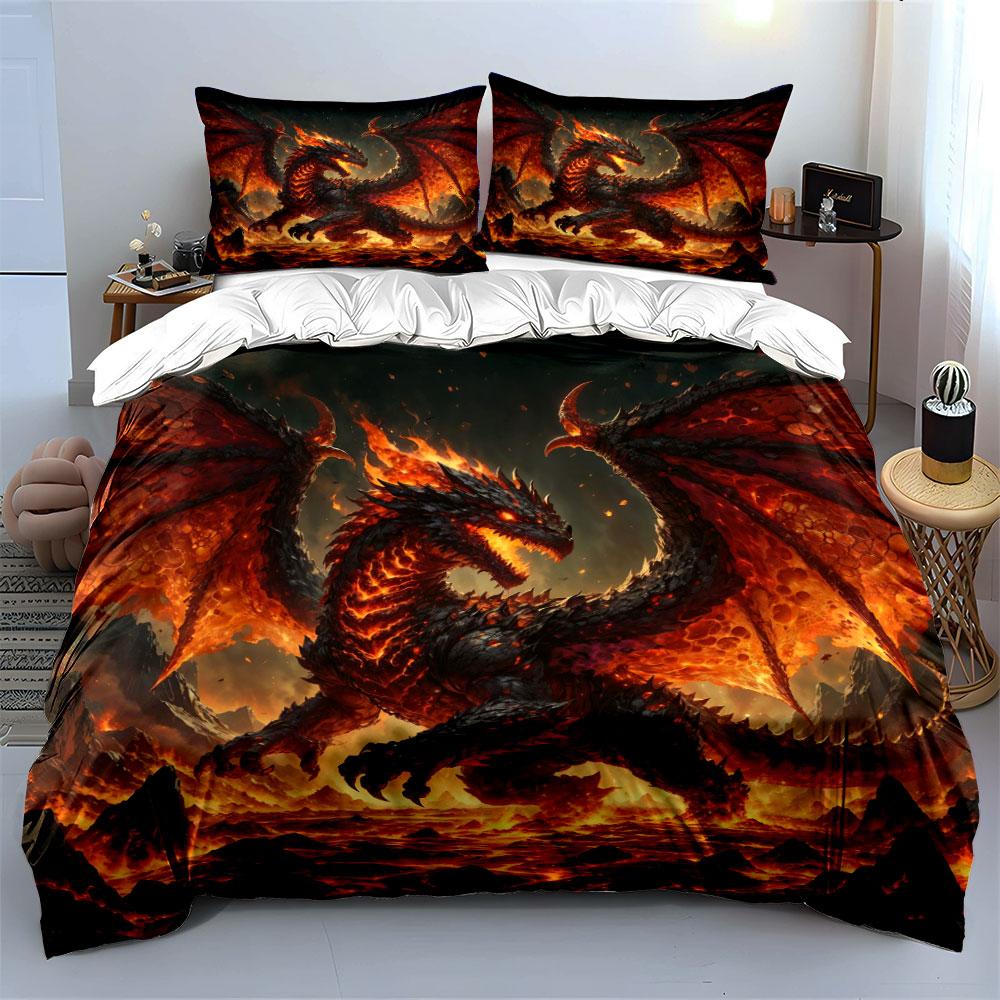 Fiery dragon soaring over lava Bedding Set for Kids Luxury Gift 3pcs Digital Print Comforter Set Soft Comfortable Breathable