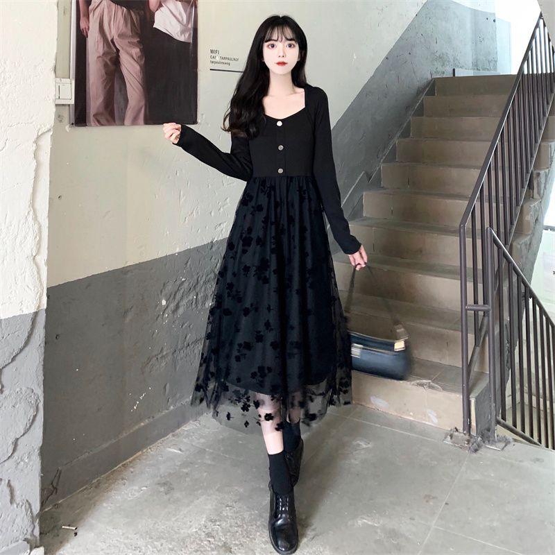 spring autumn Mesh splicing black bodycon Dress korean elegant square neck long Sleeve loose Ladies dresses Women party vestidos