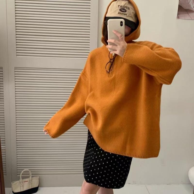 Lazy Wind Hooded Half Zipper Pullover Sweater Women's Autumn and Winter New Loose Versatile Knitted Sweater Top