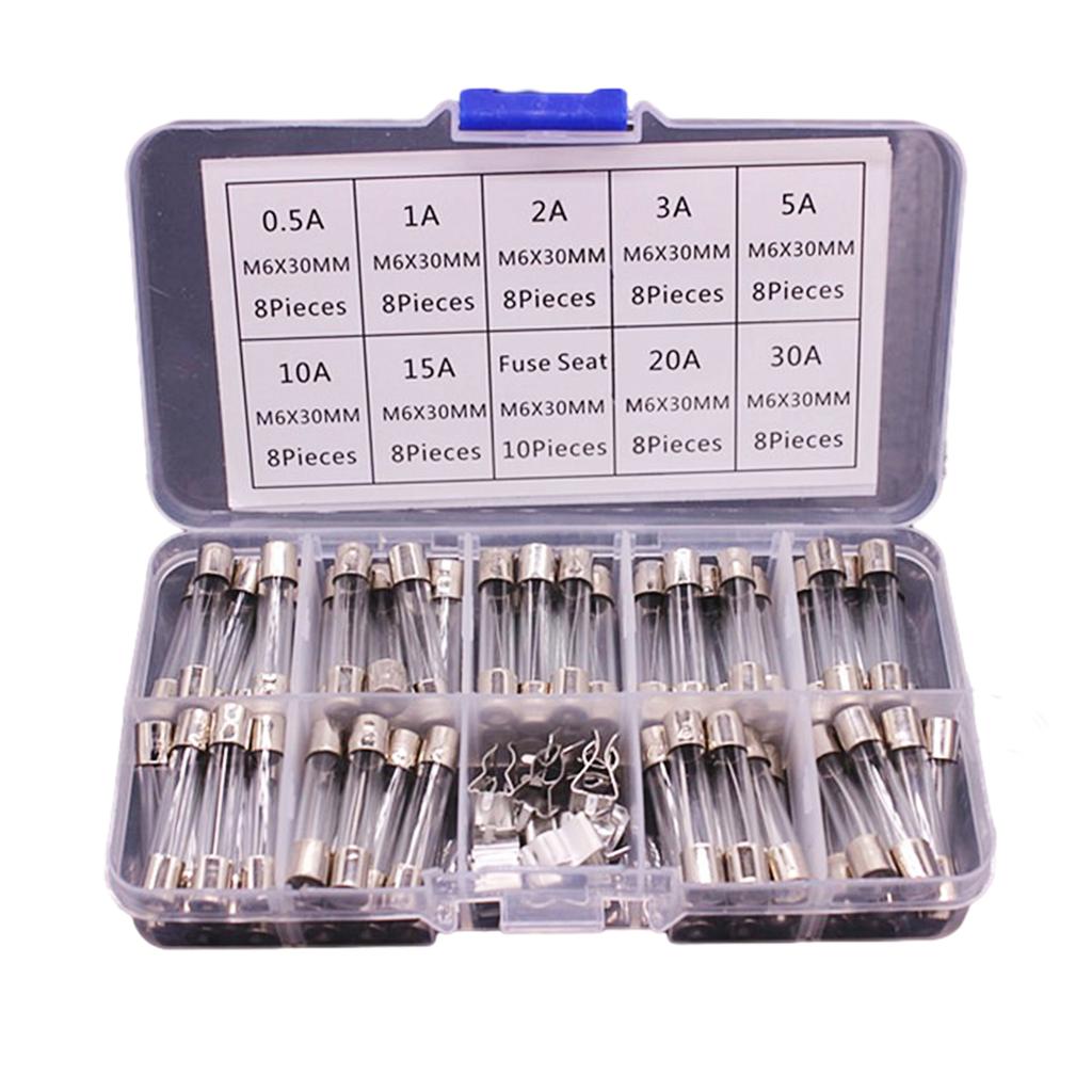 9 Values 72pcs Fast Glass Tube Fuse Assortment Kit 6x30mm 250V 0.5A~30A Fuses Glass Tube Packag In a Clear Plastic Box