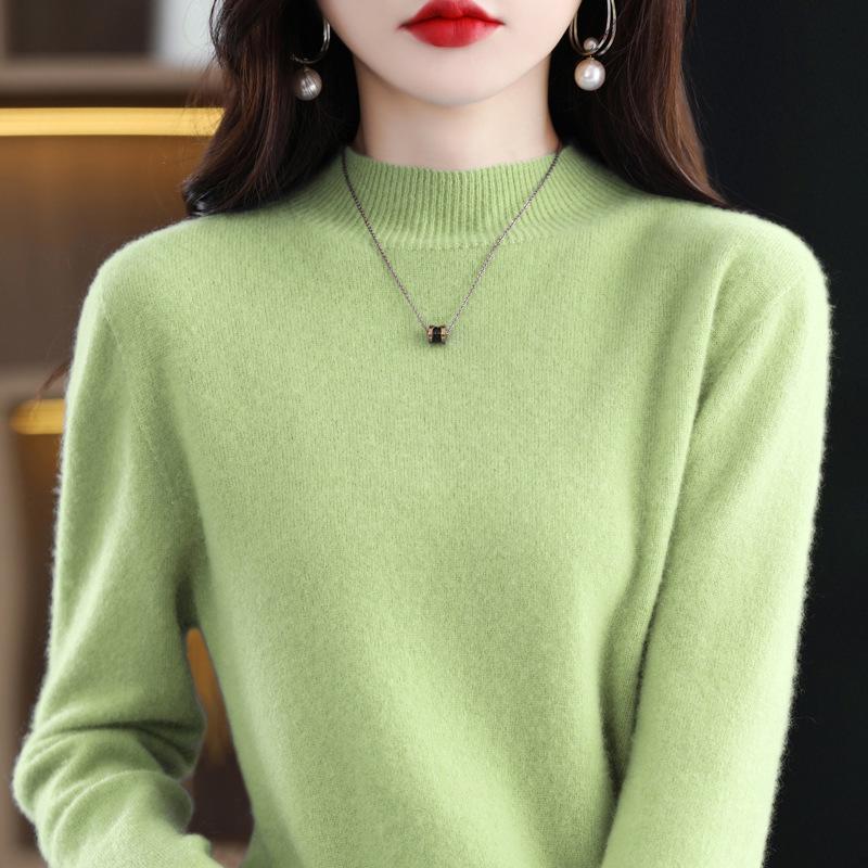 Women's Seamless Pure Wool Sweater: Half-High Neck Pullover, Loose, Warm, Slimming Knitwear.