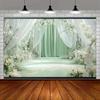 2D Sage Green Curtain Backdrop White Flower Wedding Photography Background