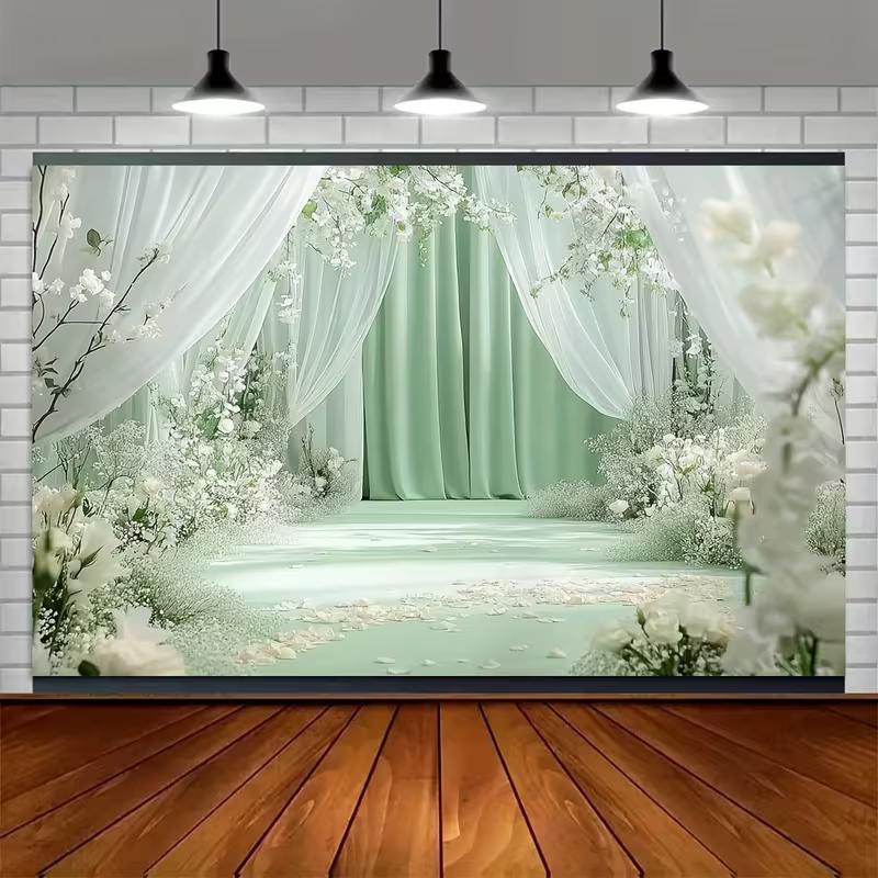 2D Sage Green Curtain Backdrop White Flower Wedding Photography Background