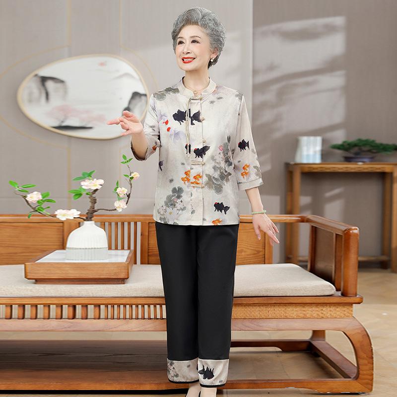 

Summer 2026 Stylish Chinese Shirt Set for Middle-aged Women and Grandmas 3XL (for 115-130 lbs) бежевый
