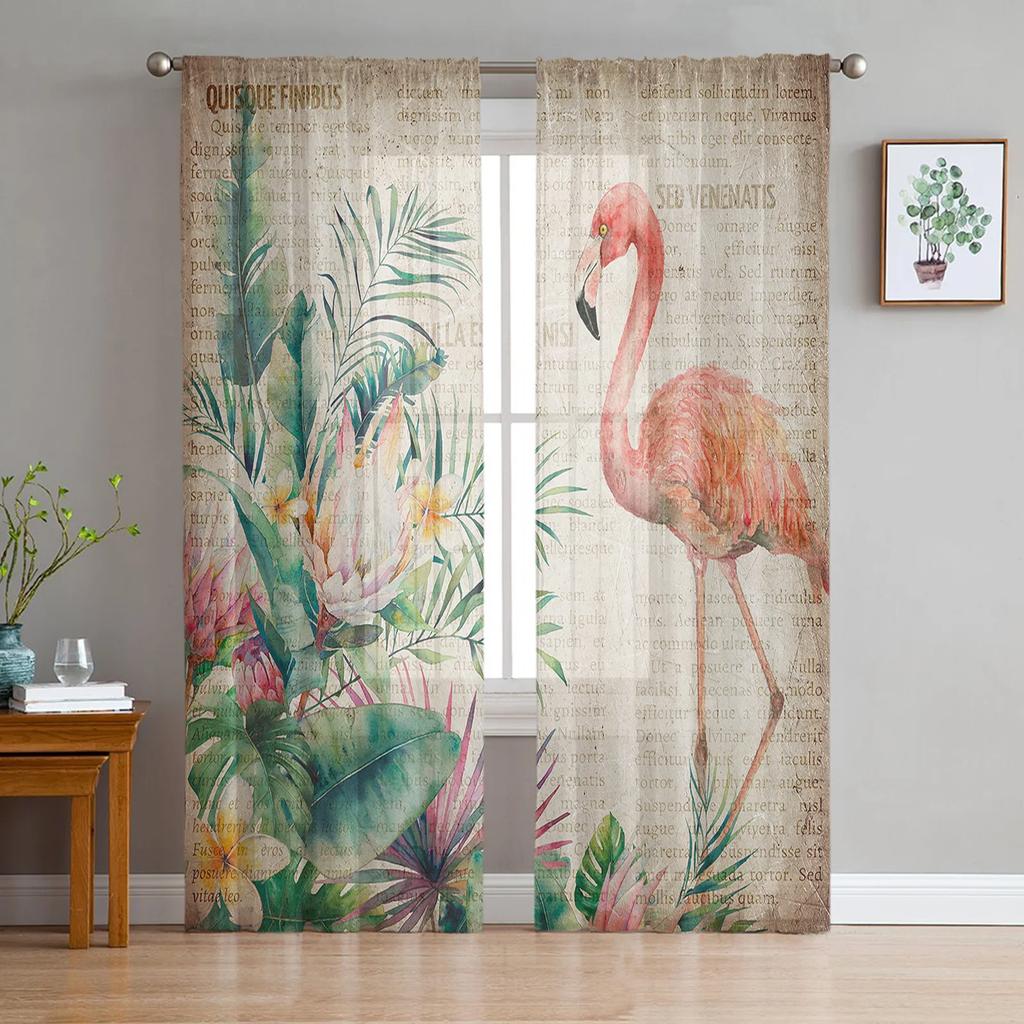Flamingo Tropical Plant Flower Tulle Curtains Living Room Bedroom Kitchen Window Treatment Chiffon Curtain Blinds Light Filtering Polyester Great