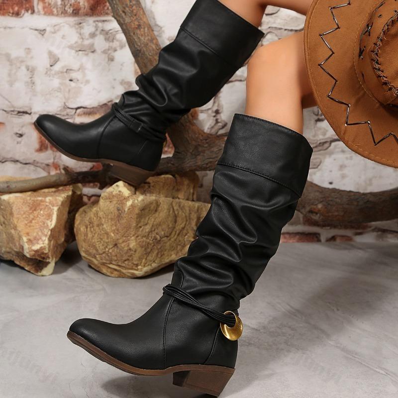 Damen Vintage Braune Lange Western Cowboy Stiefel 2026 Winter Komfort Dicke Ferse Kniehoch Schwarze Stiefel Metallschnalle Große Größen 36-43