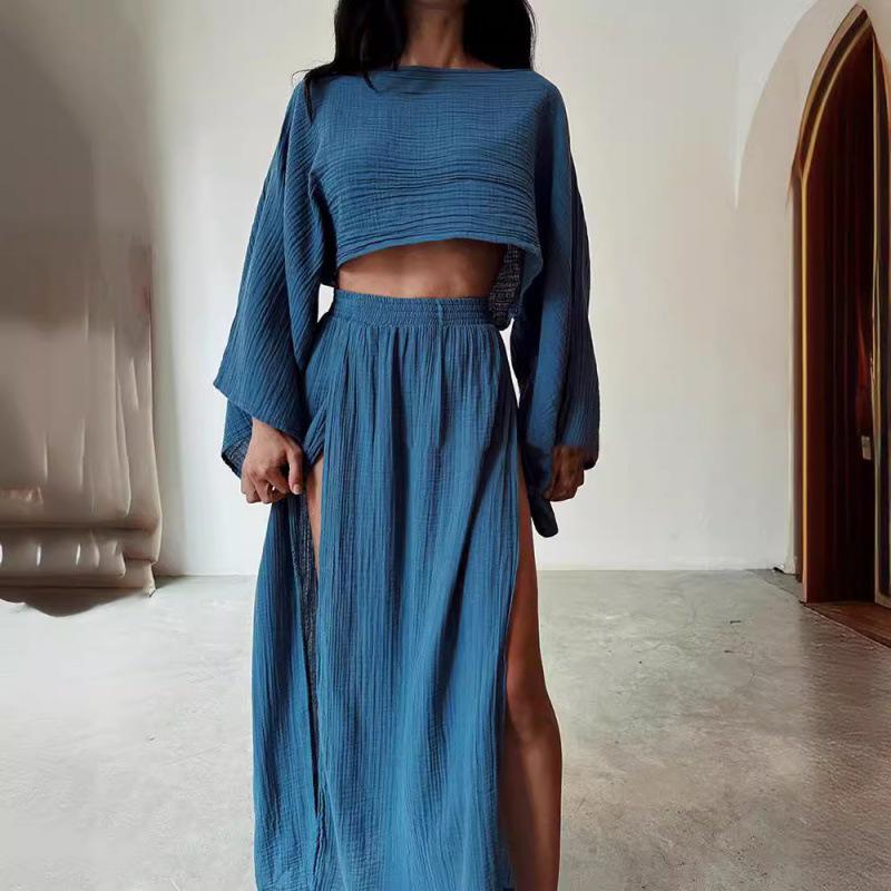 2024 Chic Linen Blend Cropped Top & High Waist Slit Two-Piece Suit