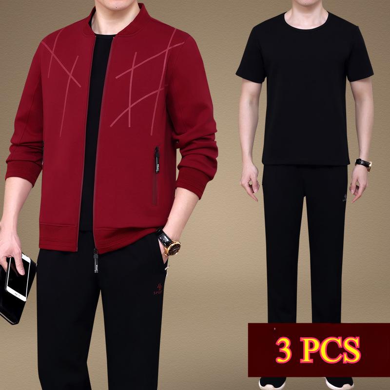 

Весна Осень Мужской Костюм Свободного Кроя Повседневный Большого Размера Универсальная Спортивная Одежда Набор из 3 предметов для мужчин среднего и пожилого возраста XXXL вино красного