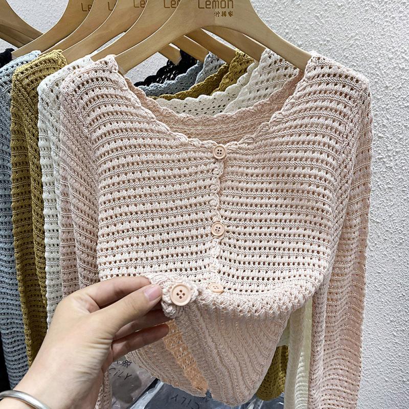 Knit Cardigan for Women Long Sleeve Single Breasted Sweater Jacket Crop Openwork Cardi Top Female Basic Daily Outfit