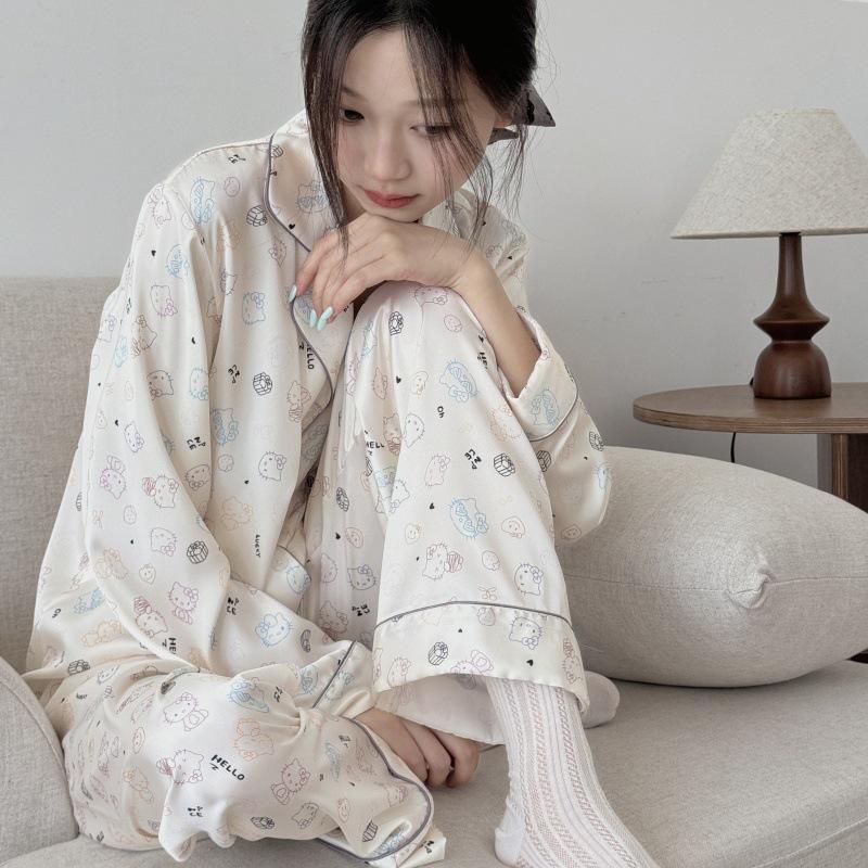 2025 Cute Korean-Style Cartoon Pajamas for Women - Long Sleeve & Pants - Autumn/Spring Homewear