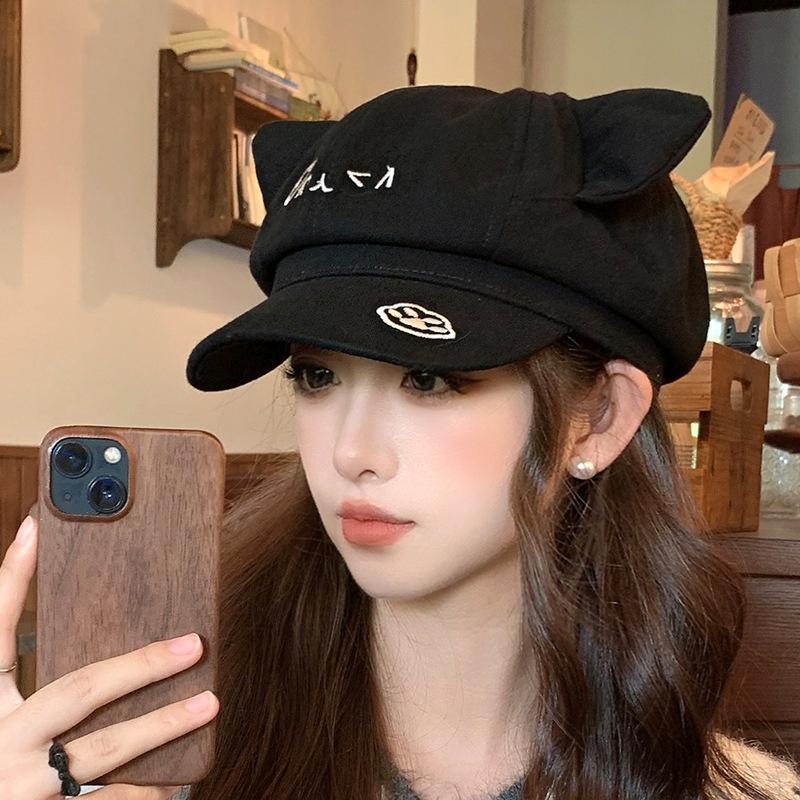 Korean Retro Cat Ear Octagonal Beret For Women Autumn And Winter Brushed And Warm