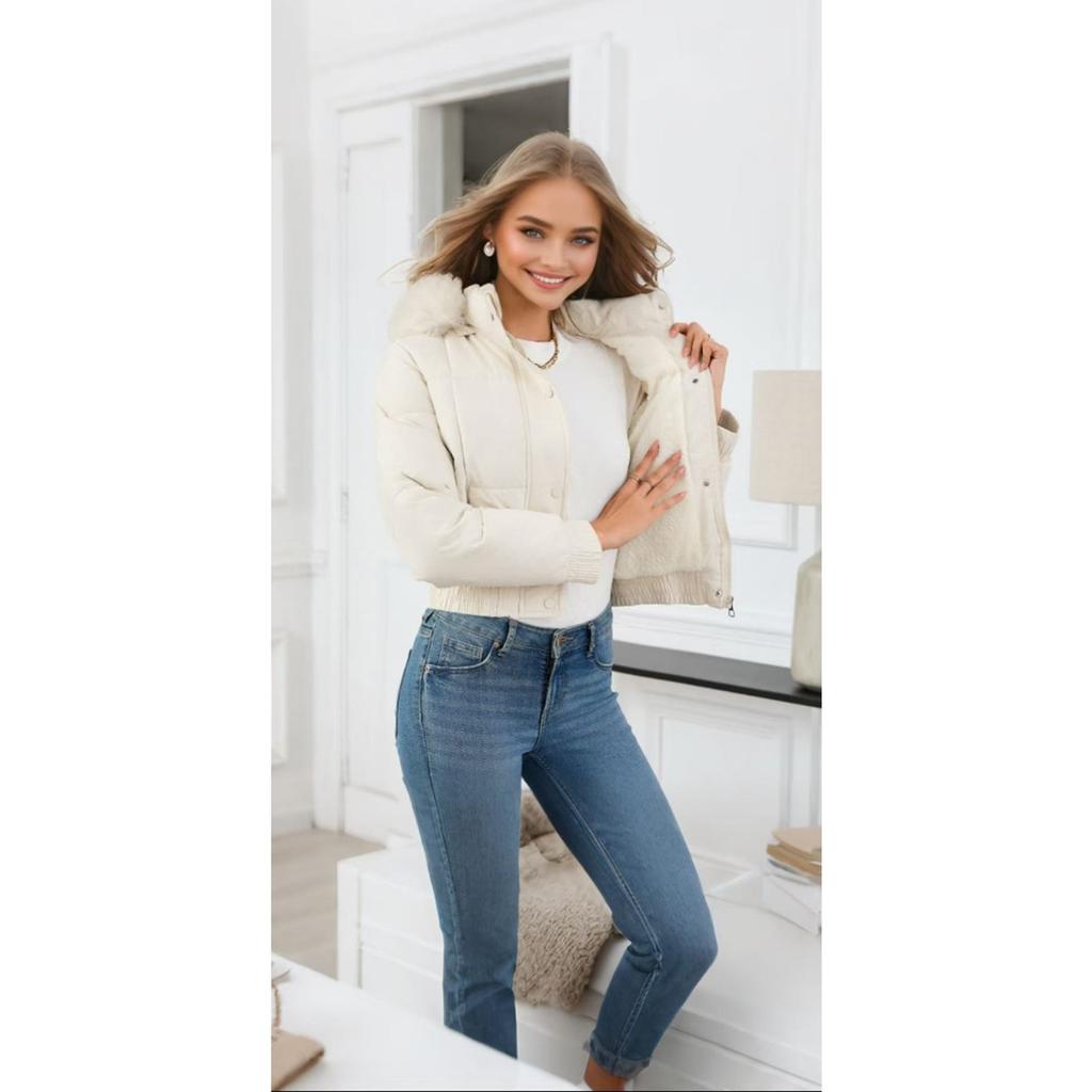 2025 European and American Women's Autumn and Winter New Short Slim High-waisted Cotton Jacket, Casual Thickened Fur Collar and Fleece Padded Jacket