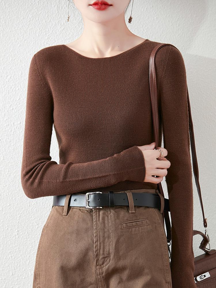 Women's Slim Fit Solid Color One-Shoulder Wool Sweater for Autumn/Winter