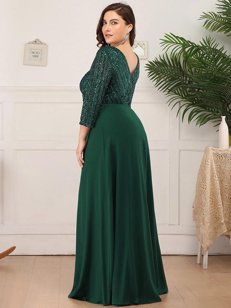 Elegant Plus Size Sequined V-Neck Chiffon Evening Dress with Mid Sleeves and Swing Skirt