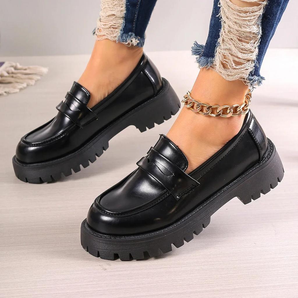 2025 Casual Platform Loafers WomanBritish Style Black Brown PU Leather Shoes for Women Comfort Slip on Flats Zapatos De Mujer