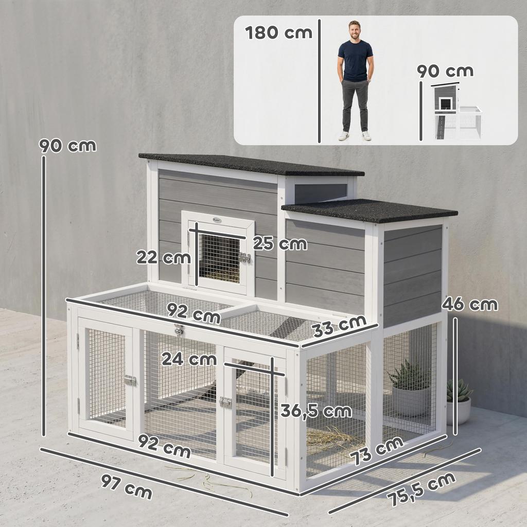 Outdoor Wooden Rabbit Hutch, Indoor Rabbit Cage with Double Opening Roof, Waterproof, 2 Levels with Run, Grey