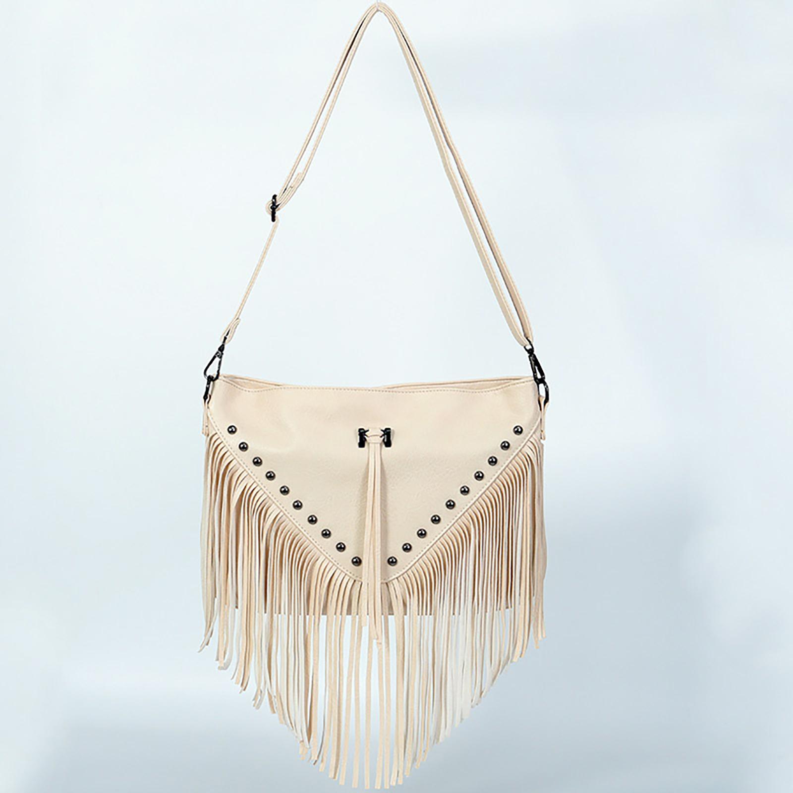 

Europe And The United States Rivet Soft Leather Casual Rivet Tassel Bag One Shoulder Oblique Straddle Bag For Women Large Bag Quality M