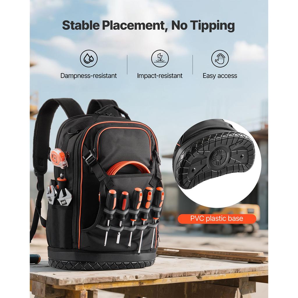 SucceBuy Tool Backpack 65 Pockets Tools Storage Organizer Bags with Laptop Compartment Molded Base for Electrician Repairman