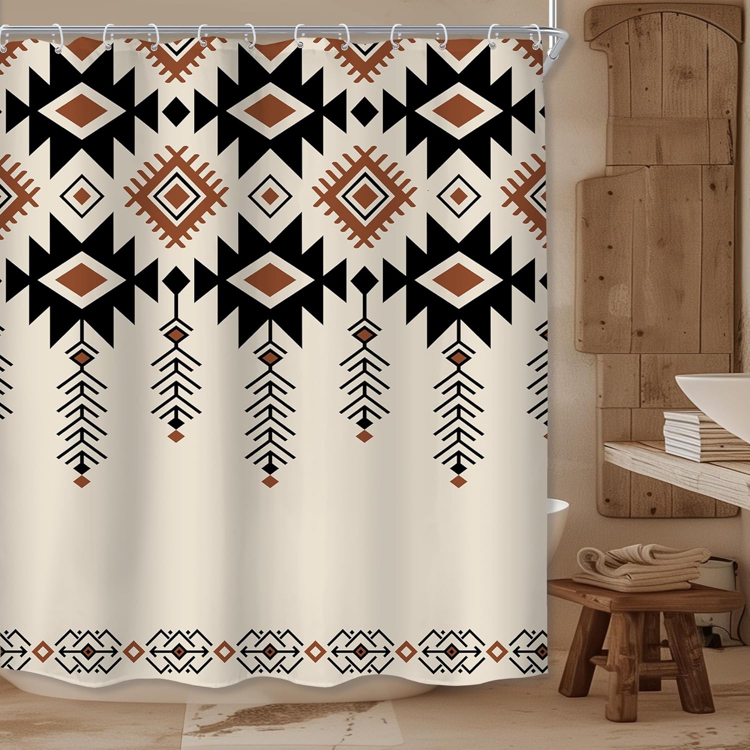 

Black Aztec Western Shower Curtain For Bathroom Decor Abstract Boho Geometric Tribal Ethnic Retro American Brown Tan Simple 90x180CM